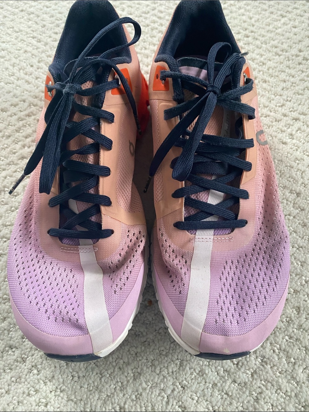 On Running Women’s Cloudflow Pink with Coral and Orange Sole and Navy Laces, W8 - Picture 2 of 10